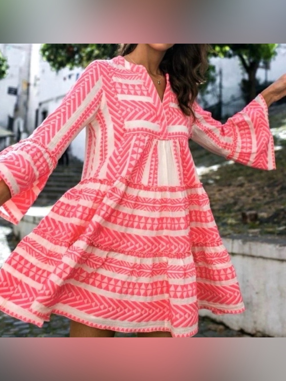 Devotion Ella Boho Tiered V-Neck Mini Dress in Bright Pink XS